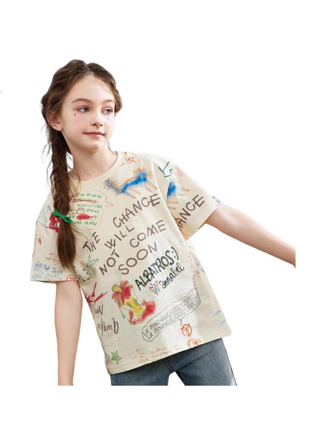 Ask Junior Girls' Summer Thin Graffiti Letter Short-Sleeve T-Shirt, Trendy Versatile Round Neck Children'S Clothing For Girls, Floral Pattern, Size 160 - Image 1