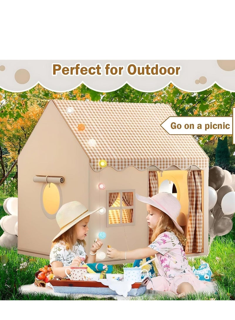 XICEN Playhouse for Kids, Children's Play Tent with LED Ball Light, Mat and Flags, Washable Retro Plaid Style Game House, Indoor Outdoor Activity Center Reading Corner - Image 5