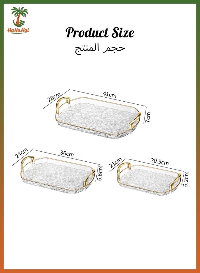 هاهاهاي مجموعة من 3 صواني تقديم شفافة بمقابض ذهبية، صواني تخزين زخرفية لطاولة القهوة والشاي والمطبخ والمطعم والحفلات - Image 2