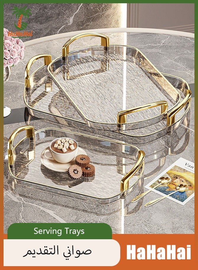 هاهاهاي مجموعة من 3 صواني تقديم شفافة بمقابض ذهبية، صواني تخزين زخرفية لطاولة القهوة والشاي والمطبخ والمطعم والحفلات - Image 1