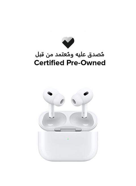 سماعات أيربودز برو 2 اللاسلكية، سماعات بلوتوث، إلغاء الضوضاء النشط، ميزة مساعد السمع، الشفافية، الصوت المكاني المخصص، صوت عالي الدقة، شريحة H2، شحن USB-C مجدد