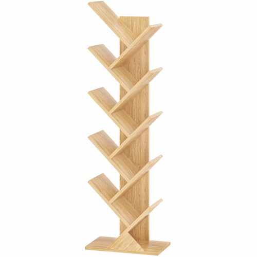 SHEEPAM 10 Tier Tree Book Shelf Floor Standing Wood Bookshelf for Narrow Space Storage Organizer Bookshelves for BooksCDsMagazine Bookcase with Shelves for Home Office Living Room Natural