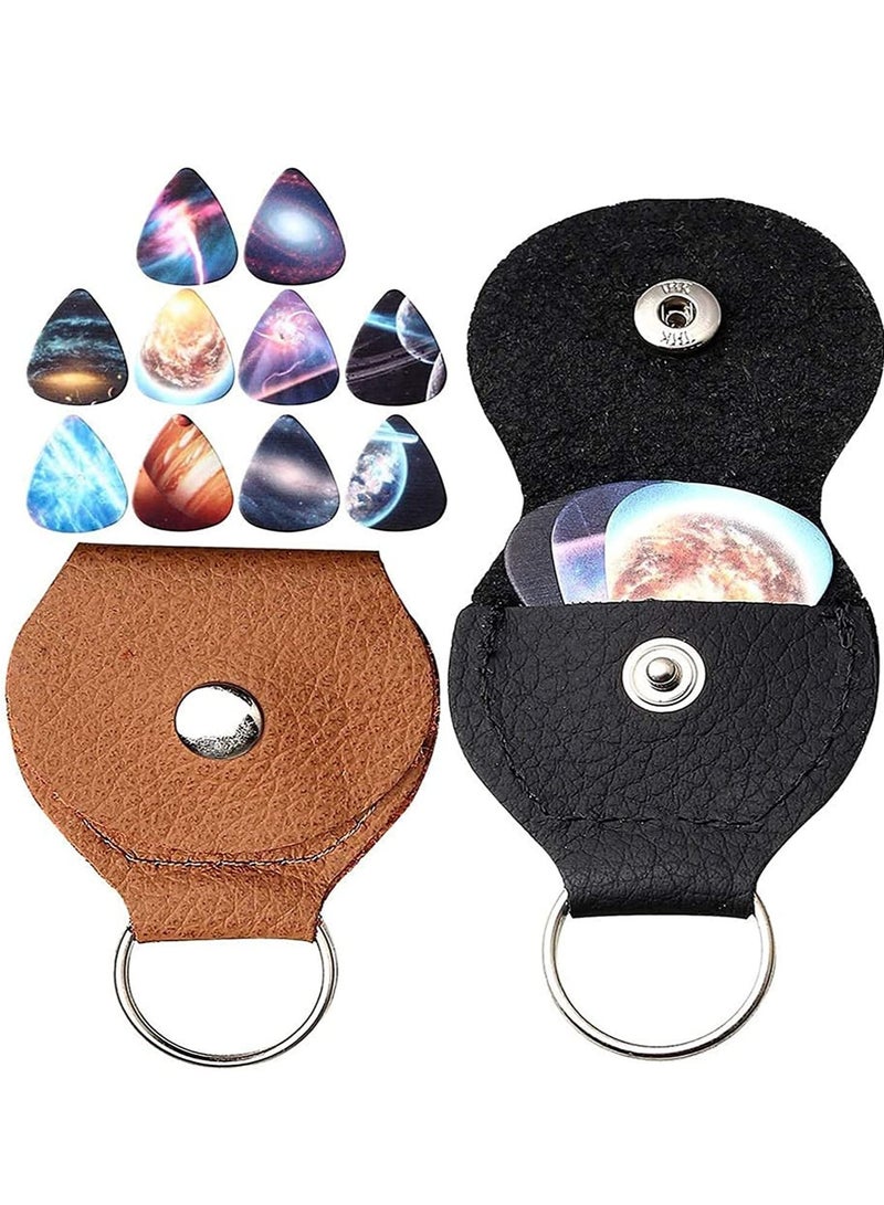 SYOSI Guitar Picks with Holder Cases, 10 pcs Starry Sky for Bass, Electric, Acoustic Guitars with 2 pcs PU Leather Protective Black, Brown - Image 1
