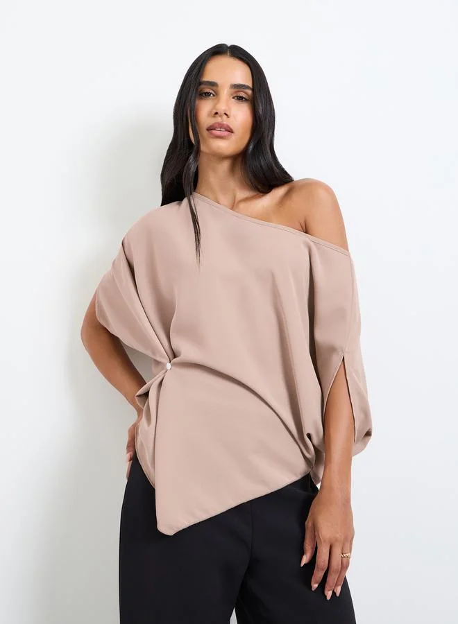 تايك تو Beige One-Shoulder Neck Relaxed Fit Top