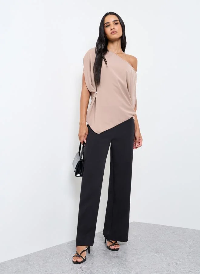 تايك تو Beige One-Shoulder Neck Relaxed Fit Top