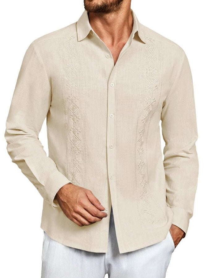 Makkrom Men's Casual Cotton Linen Button Down Shirts Cuban Guayabera Shirt Long Sleeve Summer Beach Tops Beige, Beige, L - Image 1