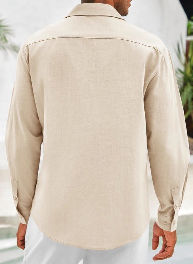 Makkrom Men's Casual Cotton Linen Button Down Shirts Cuban Guayabera Shirt Long Sleeve Summer Beach Tops Beige, Beige, L - Image 3
