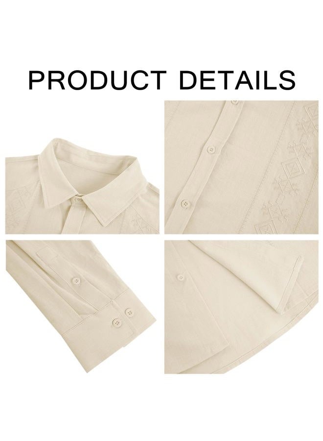Makkrom Men's Casual Cotton Linen Button Down Shirts Cuban Guayabera Shirt Long Sleeve Summer Beach Tops Beige, Beige, L - Image 5