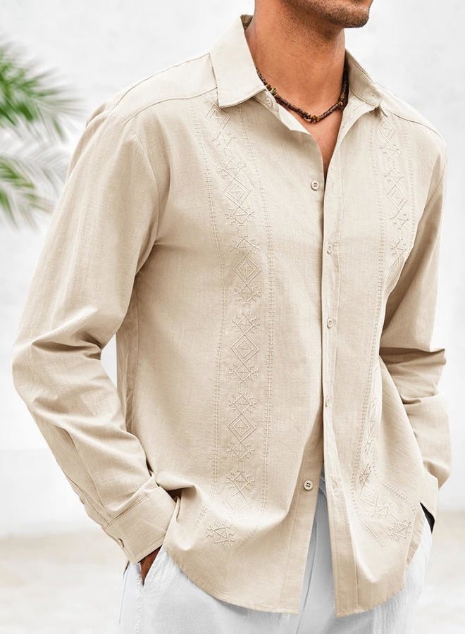 Makkrom Men's Casual Cotton Linen Button Down Shirts Cuban Guayabera Shirt Long Sleeve Summer Beach Tops Beige, Beige, L - Image 2
