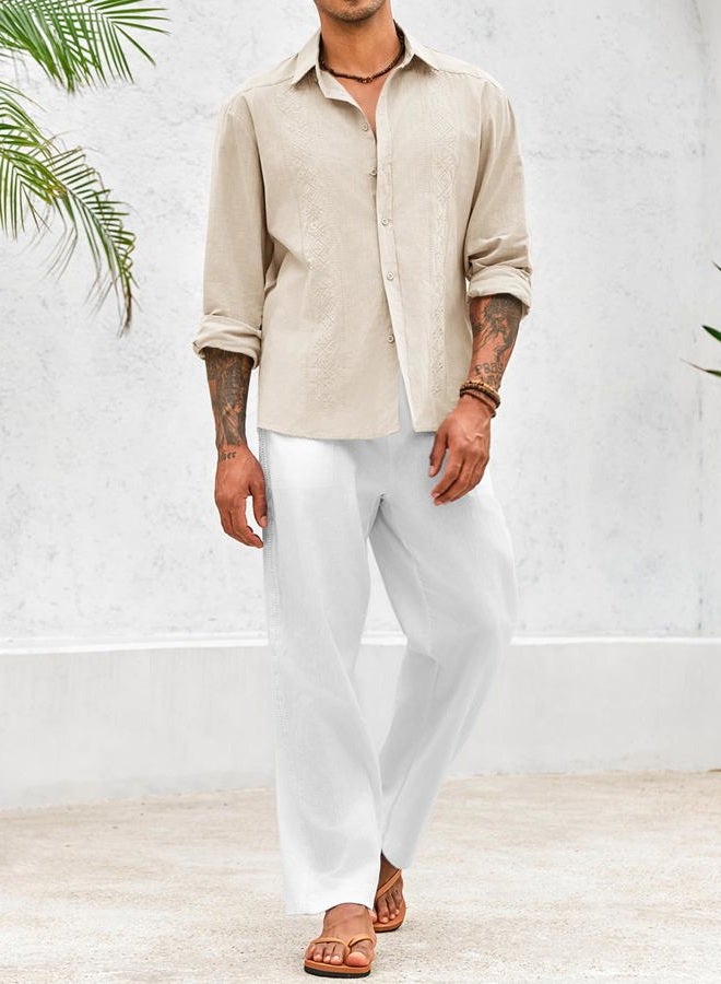 Makkrom Men's Casual Cotton Linen Button Down Shirts Cuban Guayabera Shirt Long Sleeve Summer Beach Tops Beige, Beige, L - Image 4