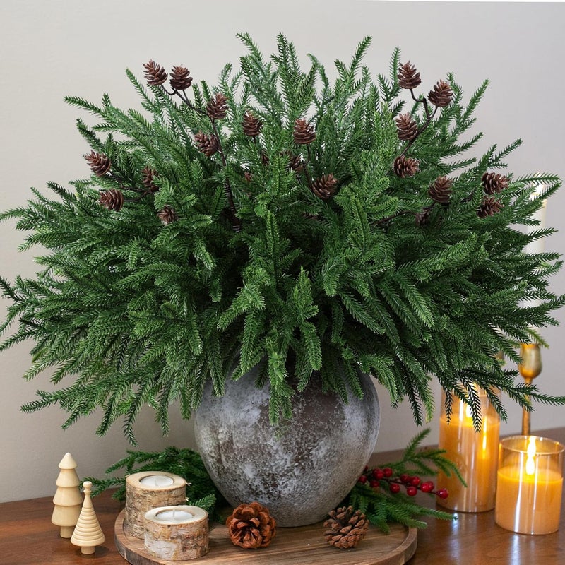 HyeFlora 14 PCS Christmas Norfolk Pine Stems with Small Pine Cones Branches, 19 In Real Touch Artificial DIY Greenery Pine Needles Picks,Xmas Faux Cedar Pine Branche for Vase Indoor Outdoor Home Décor - Image 2