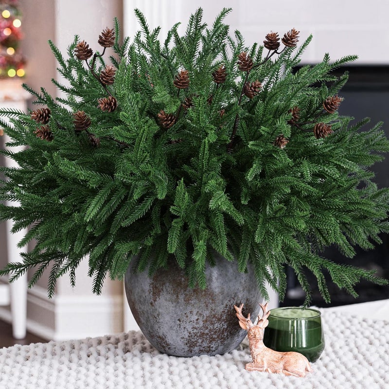 HyeFlora 14 PCS Christmas Norfolk Pine Stems with Small Pine Cones Branches, 19 In Real Touch Artificial DIY Greenery Pine Needles Picks,Xmas Faux Cedar Pine Branche for Vase Indoor Outdoor Home Décor - Image 1