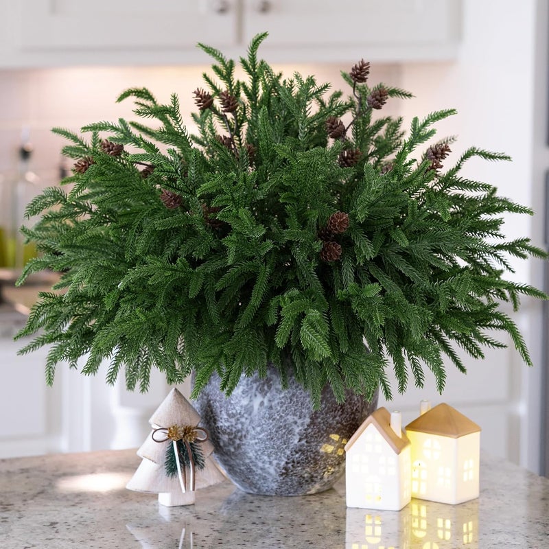 HyeFlora 14 PCS Christmas Norfolk Pine Stems with Small Pine Cones Branches, 19 In Real Touch Artificial DIY Greenery Pine Needles Picks,Xmas Faux Cedar Pine Branche for Vase Indoor Outdoor Home Décor - Image 3