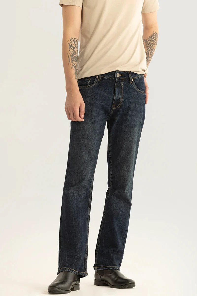 SNITCH Navy Solid Flared Fit Casual Jeans