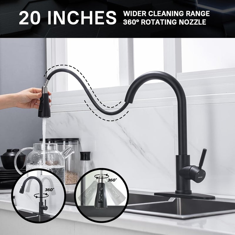 WEWE Black Kitchen Sink Faucets: Water Faucet with Pull Down Sprayer Stainless Steel Single Handle 1 Or 3 Hole for Farmhouse Commercial Camper Laundry Rv Bar - Image 4