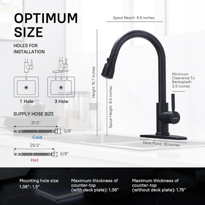 WEWE Black Kitchen Sink Faucets: Water Faucet with Pull Down Sprayer Stainless Steel Single Handle 1 Or 3 Hole for Farmhouse Commercial Camper Laundry Rv Bar - Image 3