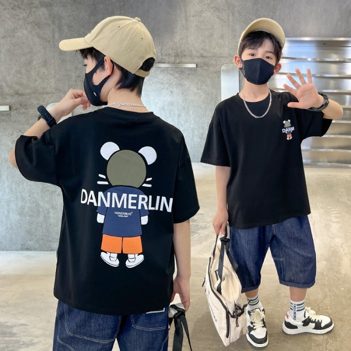 Boys Short-sleeved T-shirt 2025 New Style Top Big Boys Summer Cotton White Summer Wear Children's Trendy Street - Image 1