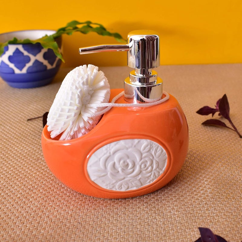 Kunhar Ceramic Liquid Soap Dispenser with Sponge 450 Ml Orange - Image 3