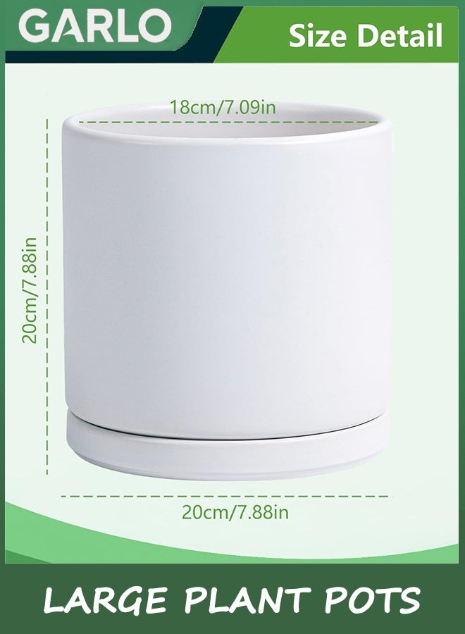جارلو أواني النباتات الكبيرة زراعة السيراميك للنباتات الداخلية في الهواء الطلق الزهور 20 سم / 8 بوصة ماتي أبيض أواني الزهور الأسطوانة الكبيرة مع صحن وثقب الصرف الصحي ، التشطيب الزجاجي الداخلي والخارجي - Image 2