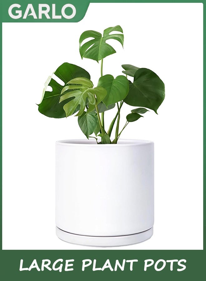 جارلو أواني النباتات الكبيرة زراعة السيراميك للنباتات الداخلية في الهواء الطلق الزهور 20 سم / 8 بوصة ماتي أبيض أواني الزهور الأسطوانة الكبيرة مع صحن وثقب الصرف الصحي ، التشطيب الزجاجي الداخلي والخارجي - Image 1