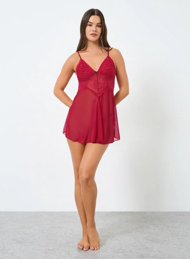 Styli Lace Panel Babydoll with Briefs