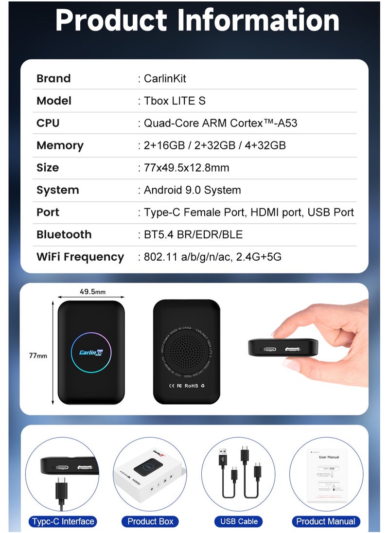 Carlinkit - CarlinKit Lite S Android TV Box 5-In-1 4GB RAM + 32GB ROM Wireless Adapter Support Netflix IPTV Wireless Android Auto&CarPlay Dongle For Car Radio HDMI Output 1080P - Image 1