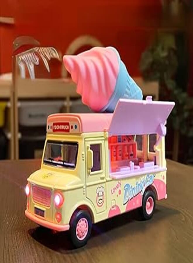 Kids Playhouse Car Ice Cream Ice Cream Hamburger Kitchen Fast Food Bus Music Pull Back Alloy Car Model (Pink Ice Cream Car)