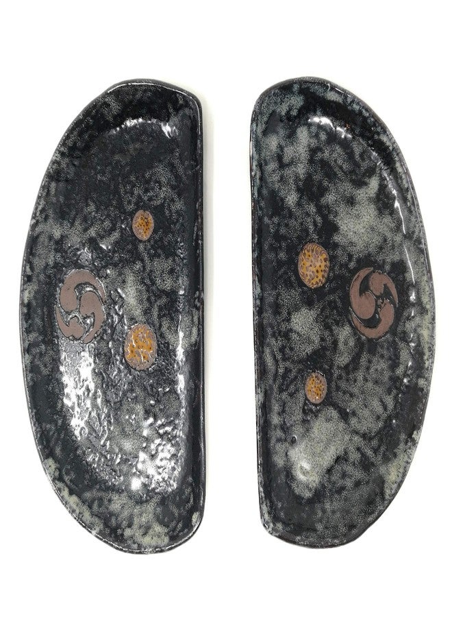 TJ Global Set of 2 Ceramic Semi-Circle Shape Japanese Pottery Sushi Plates (9" x 5.5") - Image 1