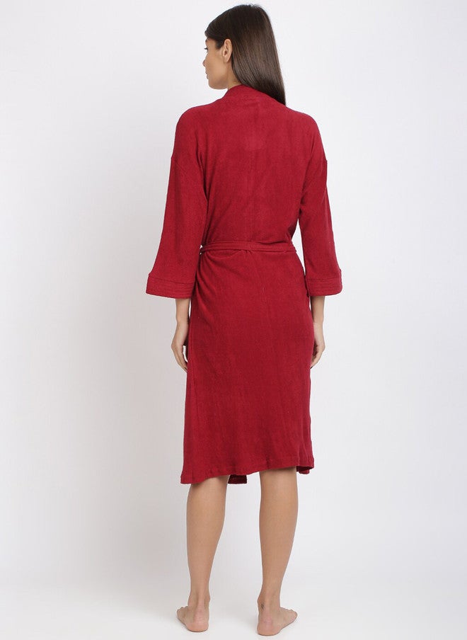 Red Rose RedRose Maroon Solid Cotton Drawstring Knee Length Bath Robe - XL - Image 4