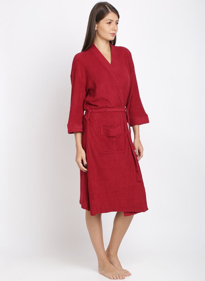 Red Rose RedRose Maroon Solid Cotton Drawstring Knee Length Bath Robe - XL - Image 3