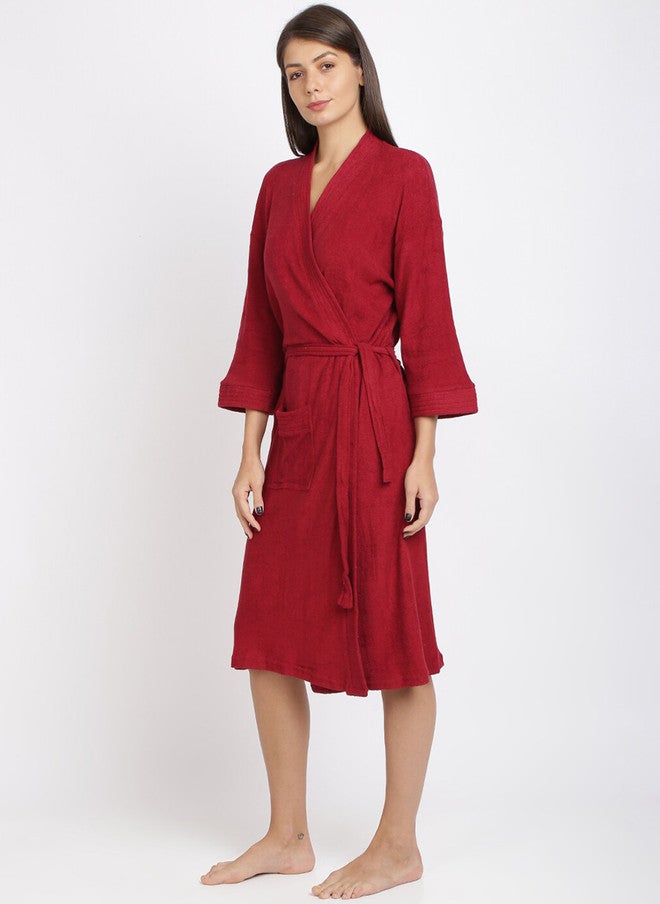 Red Rose RedRose Maroon Solid Cotton Drawstring Knee Length Bath Robe - XL - Image 5