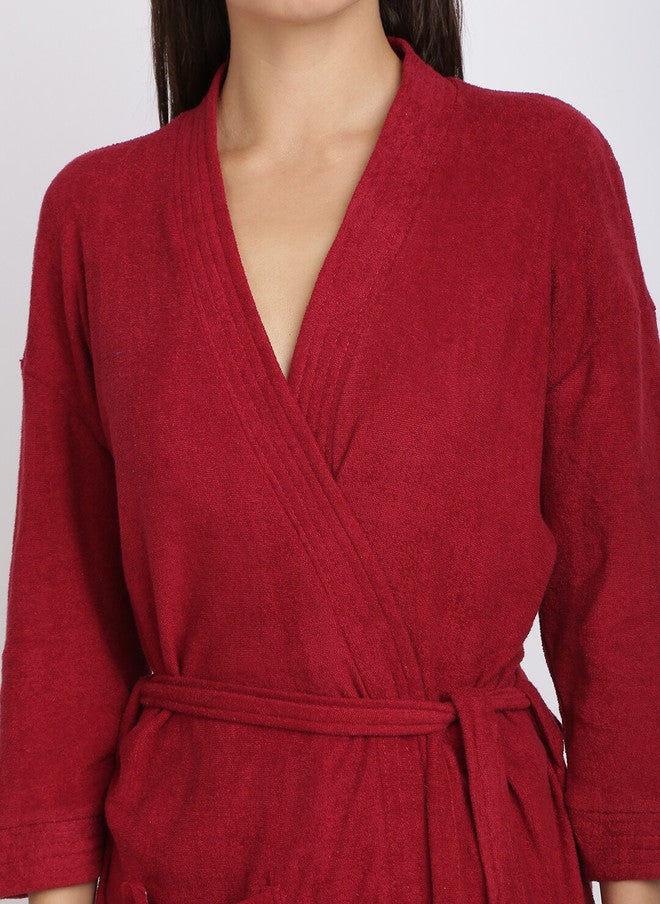 Red Rose RedRose Maroon Solid Cotton Drawstring Knee Length Bath Robe - XL - Image 2
