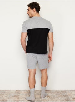 trendyol Black Gray Color Blocked Regular Fit Knitted Shorts Pajama Set with Elastic Waist TMNSS24PT00005  - Image 5
