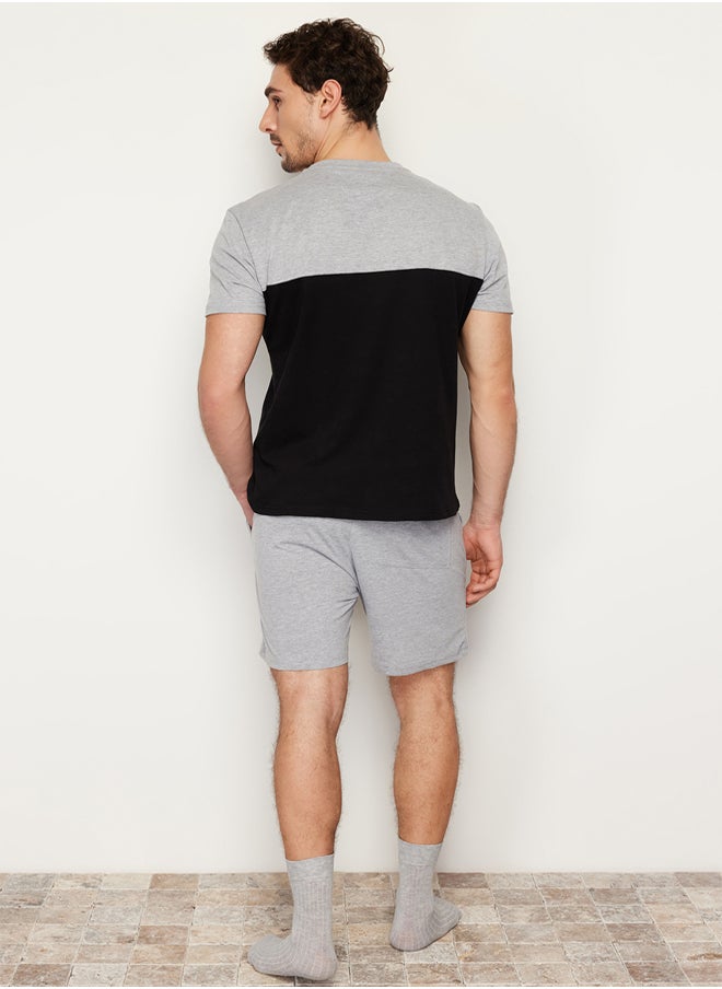 trendyol Black Gray Color Blocked Regular Fit Knitted Shorts Pajama Set with Elastic Waist TMNSS24PT00005  - Image 5