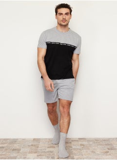 trendyol Black Gray Color Blocked Regular Fit Knitted Shorts Pajama Set with Elastic Waist TMNSS24PT00005  - Image 1
