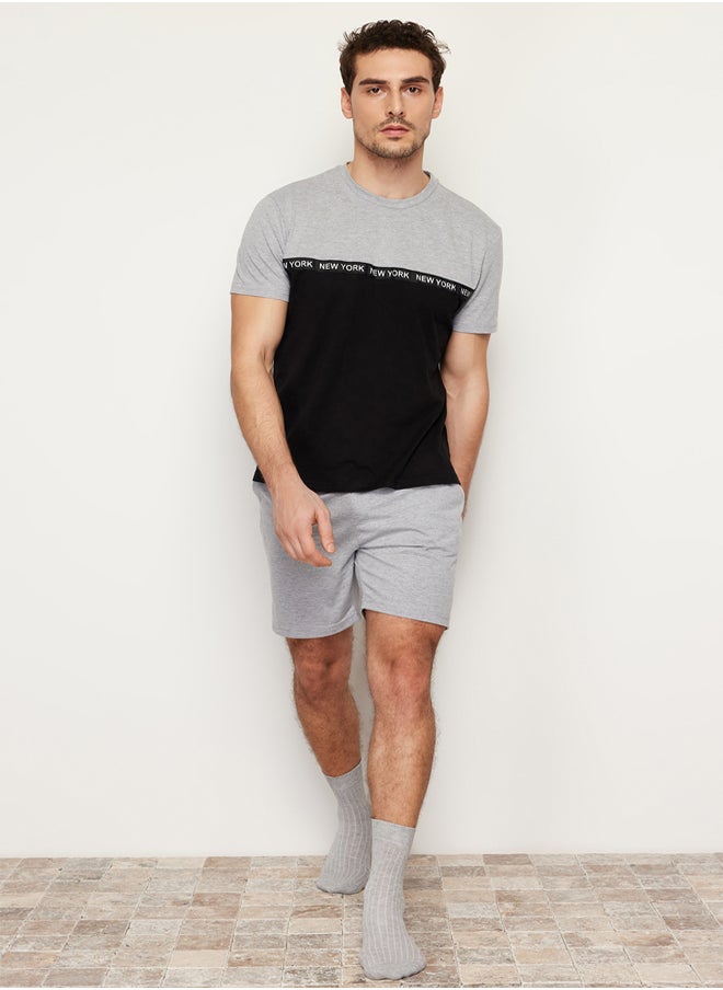 trendyol Black Gray Color Blocked Regular Fit Knitted Shorts Pajama Set with Elastic Waist TMNSS24PT00005  - Image 1