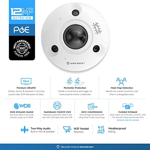 Amcrest Fisheye IP POE Camera, 360° Panoramic 12-Megapixel POE IP Camera, Heat Map Detection, Perimeter Protection, People Counting, 33ft Nightvision, MicroSD Recording, IP12M-F2380EW (White) - Image 2