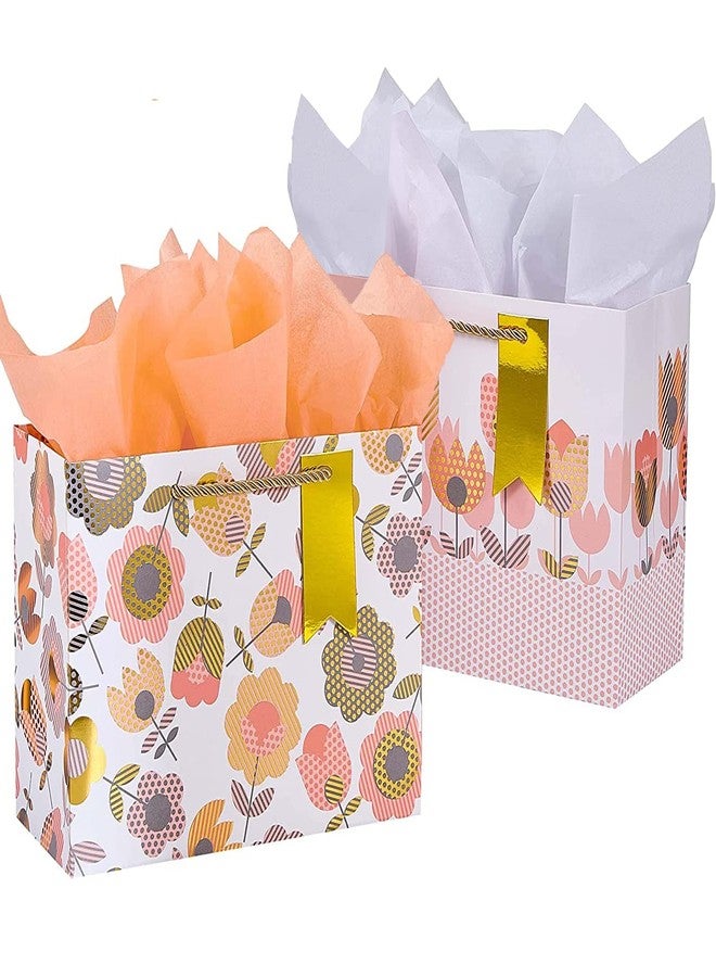 SUNCOLOR 2-Pack 9" Flower Gift Bags with Tissue Paper– Floral Gift Bags for Mother's Day, Birthday, Bridal Shower, Easter, and More - Image 1