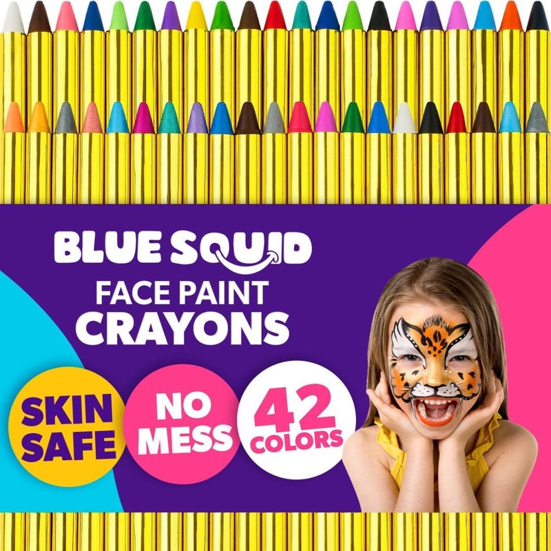 Blue Squid Face Paint Crayons for Kids 42pcs XL NonToxic Washable Body Paint Crayons Our Face Painting Kit Makeup Sticks are Easy to Use Safe for Sensitive Skin and Perfect for a Kids Party