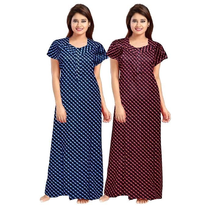 Vlazom Women's Pure Cotton Rajasthani Nighty & Jaipuri Maxi Gown – Pack of 2, Soft & Breathable Sleepwear (Blue&Maroon, Free Size) - Image 1