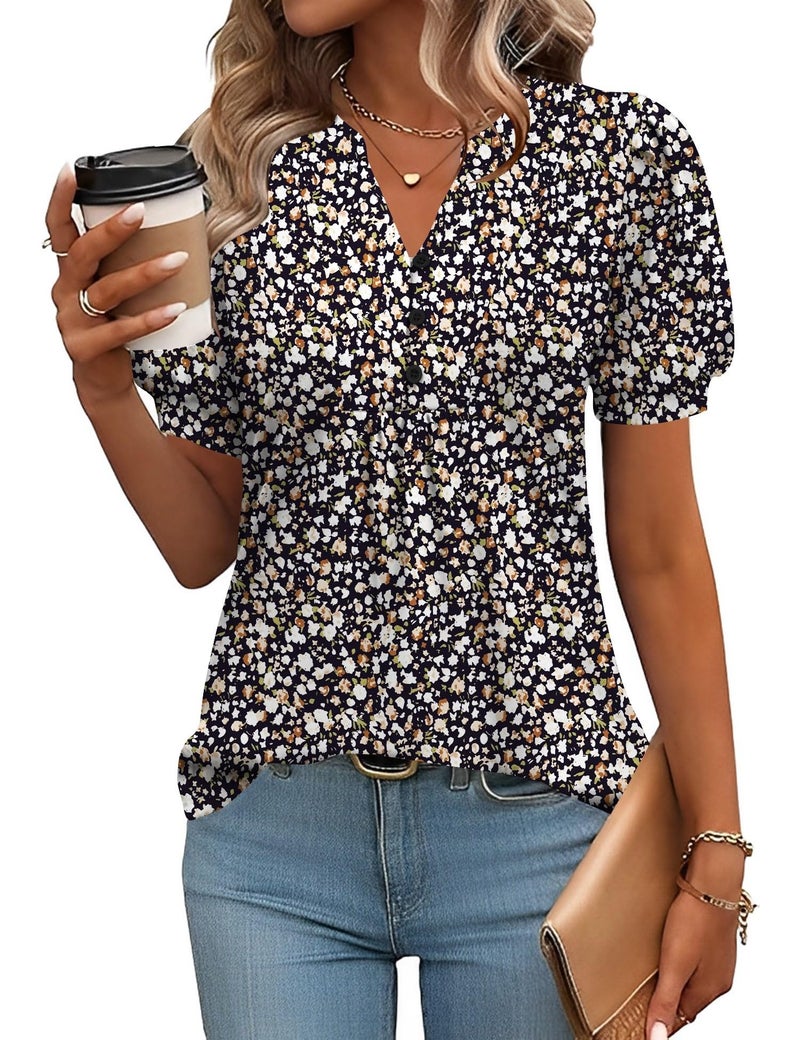 IECCP Womens Puff Short Sleeve Summer Tops Dressy Casual V Neck Blouses Boho Tops for Women Pleated Shirts (Black Small White Floral,XXL) - Image 1