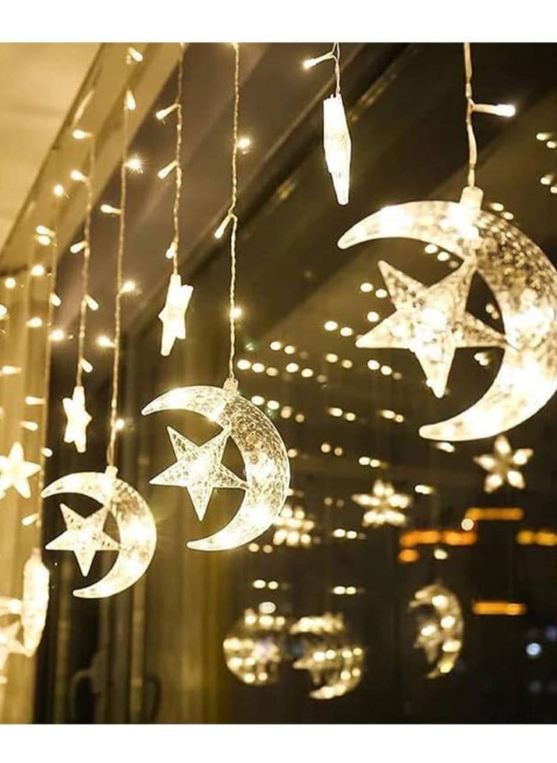 Festive Gallery - 138 LED Star 6 Star with moon and 6 Star's Curtain String Lights,8 Modes Settings (Combination,In Waves,Sequential, Slo Glo,Chasing/Flash,Slow Fade,Twinkle/Flash,Steady On) Window Curtain String Light Moon Star String Light for Ramadan Wedding Party Home Garden Bedroom Decorations-EU plug(Warm White) - Image 1