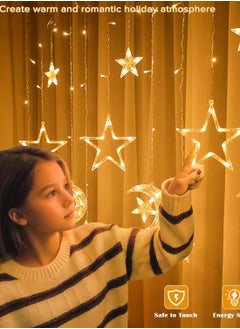 Festive Gallery 138 LED Star 6 Star with moon and 6 Star's Curtain String Lights,8 Modes Settings (Combination,In Waves,Sequential, Slo Glo,Chasing/Flash,Slow Fade,Twinkle/Flash,Steady On) Window Curtain String Light Moon Star String Light for Ramadan Wedding Party Home Garden Bedroom Decorations-EU plug(Warm White)  - Image 2