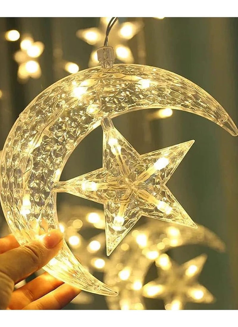 Festive Gallery - 138 LED Star 6 Star with moon and 6 Star's Curtain String Lights,8 Modes Settings (Combination,In Waves,Sequential, Slo Glo,Chasing/Flash,Slow Fade,Twinkle/Flash,Steady On) Window Curtain String Light Moon Star String Light for Ramadan Wedding Party Home Garden Bedroom Decorations-EU plug(Warm White) - Image 1