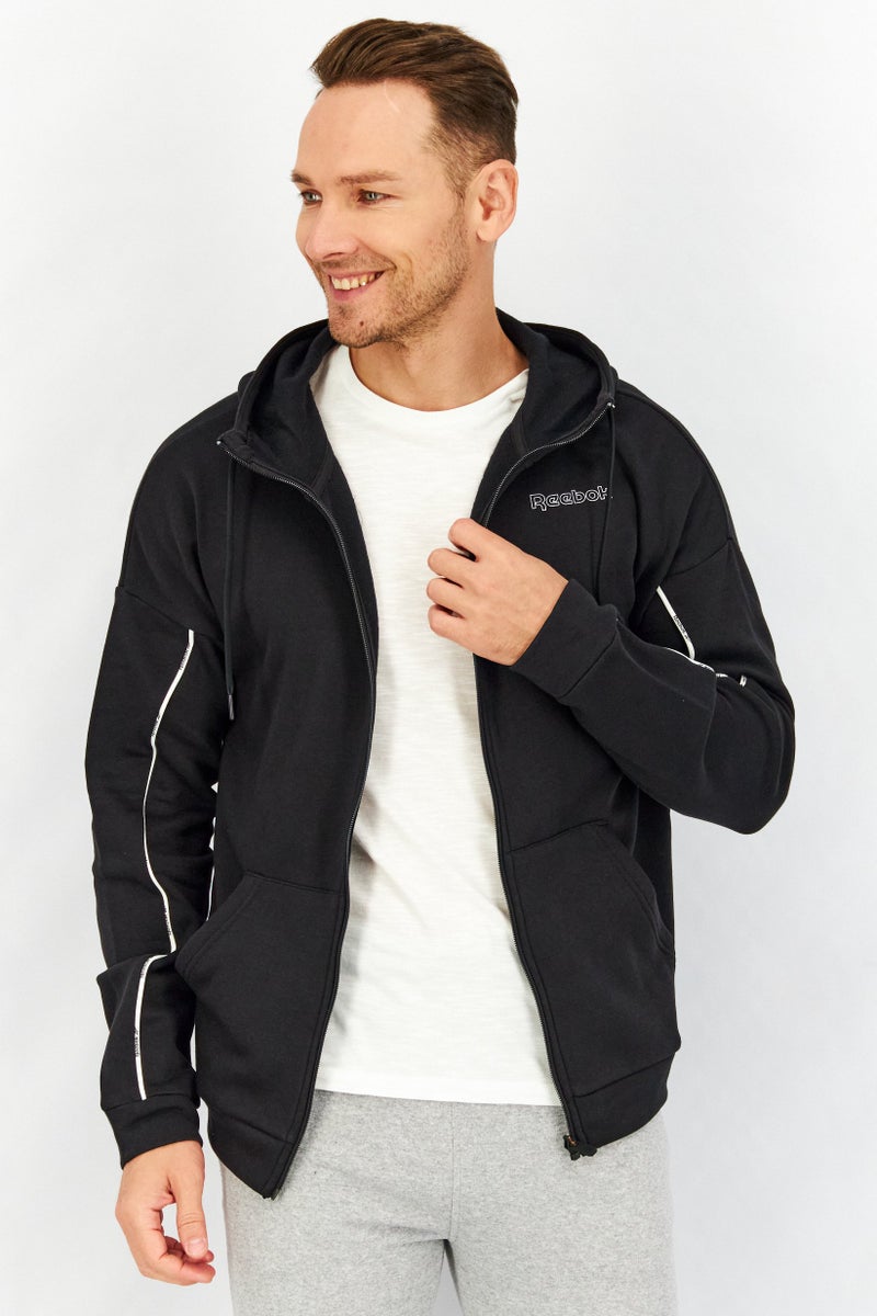 Reebok سويت شيرت بقلنسوة بسحاب كامل للرجال، أسود - Image 1