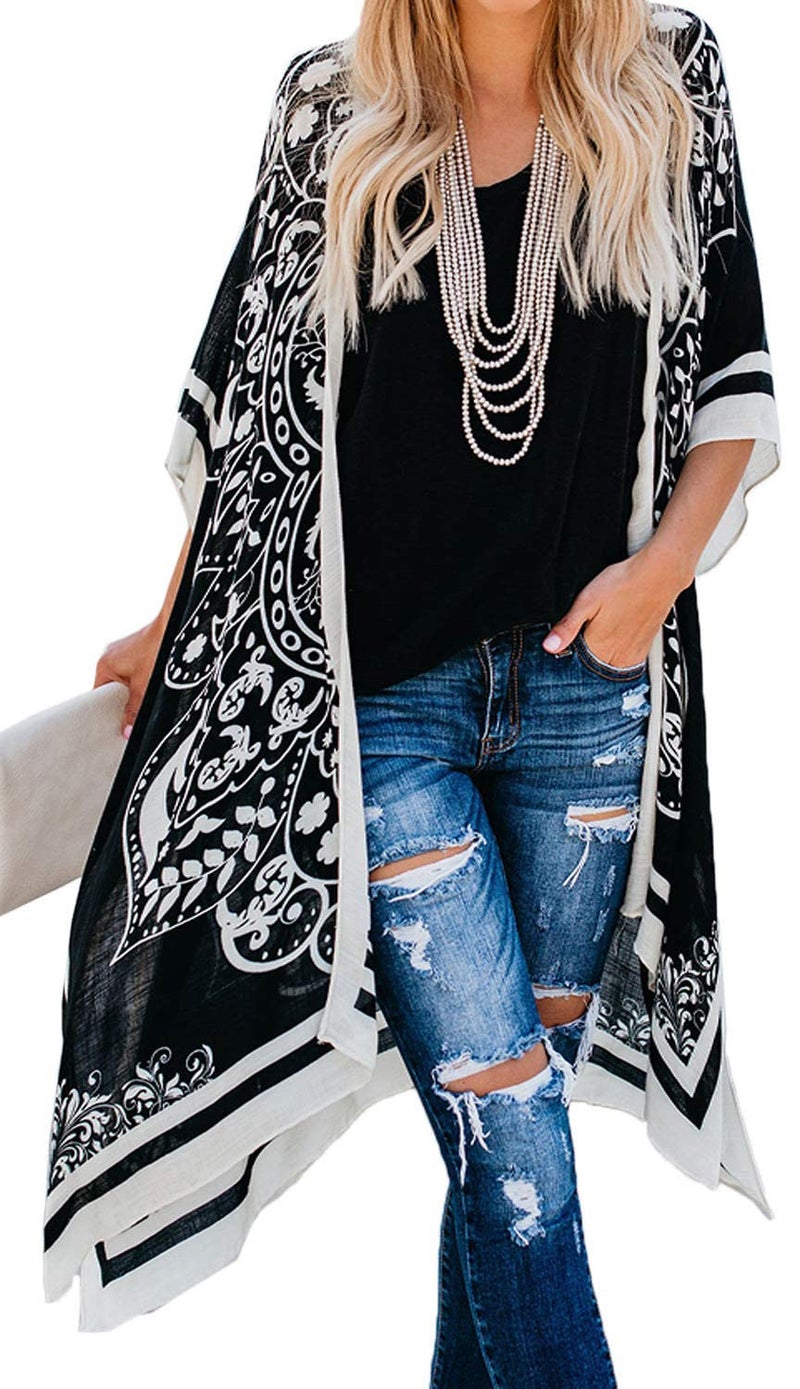 CHICGAL Summer Tops for Women Kimono Cardigans Plus Size Boho Bathing Suit Coverups(08-Black Boho,M) - Image 1