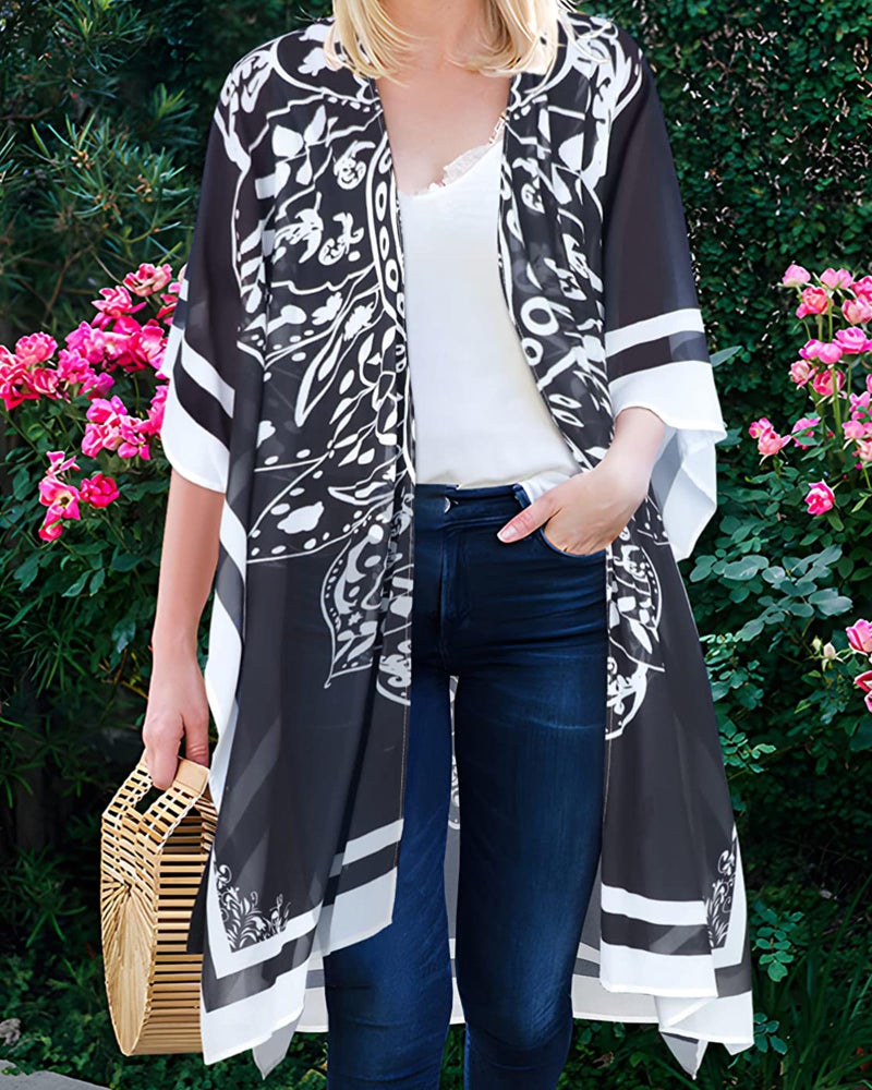 CHICGAL Summer Tops for Women Kimono Cardigans Plus Size Boho Bathing Suit Coverups(08-Black Boho,M) - Image 3