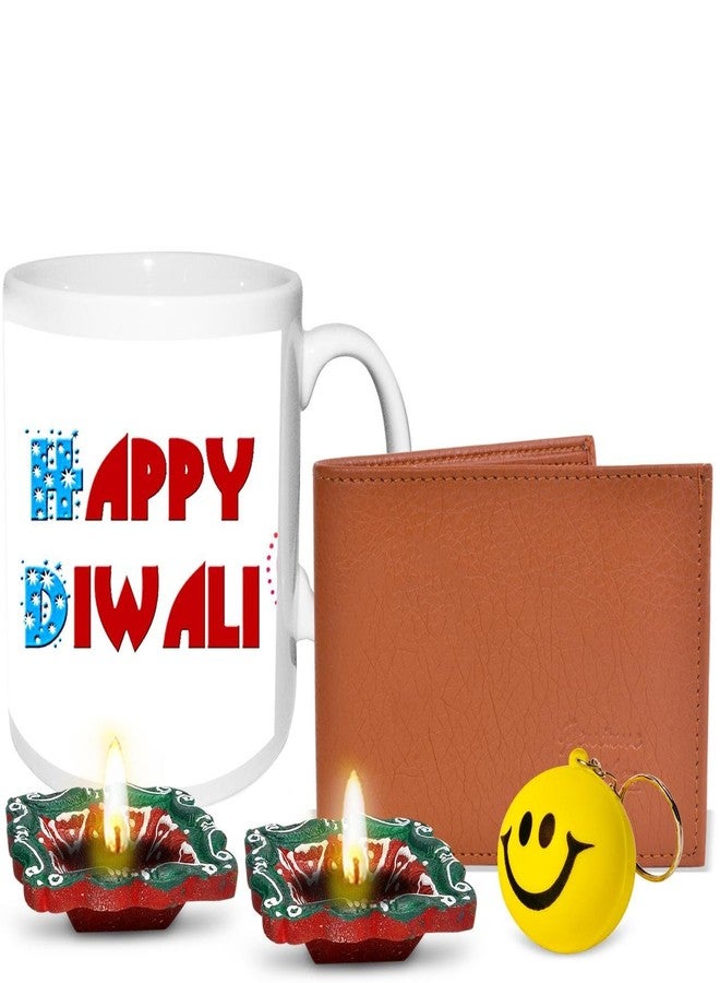 Alwaysgift On Diwali with Lots of Love 2 Diyas, Wallet, Smiley Keychain, & Mug Gift Set - Image 1