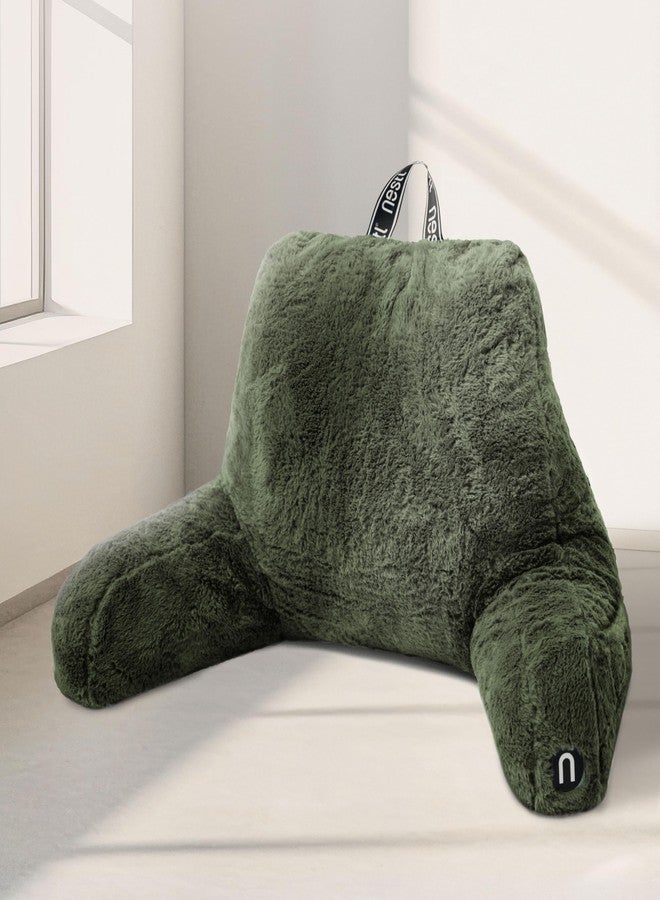 Nestl Fur Reading Pillow, Stylish Back Pillow for Bed Sitting Up, Faux Fur Bed Chair Pillow with Arms, Reading Pillows for Sitting in Bed Adult & Kids, Back Support Pillow for Bed Rest - Olive Green - Image 1