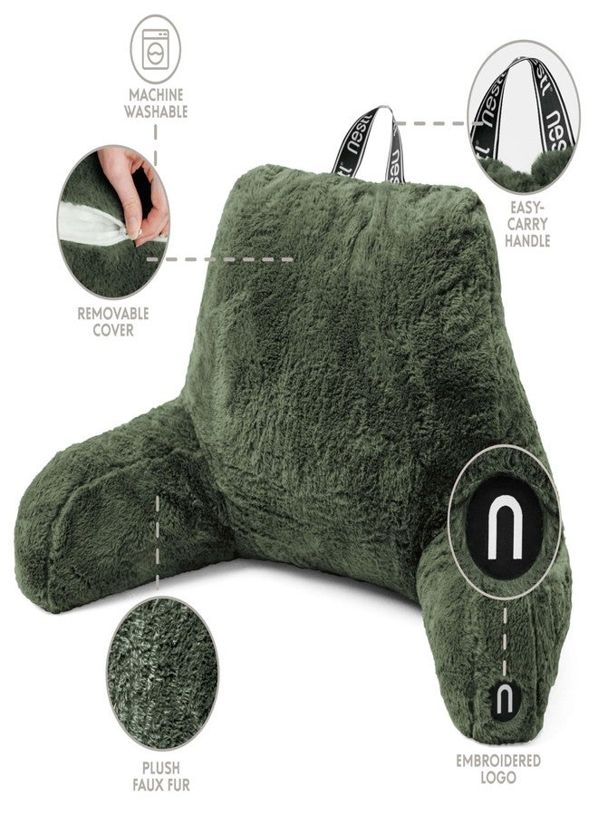 Nestl Fur Reading Pillow, Stylish Back Pillow for Bed Sitting Up, Faux Fur Bed Chair Pillow with Arms, Reading Pillows for Sitting in Bed Adult & Kids, Back Support Pillow for Bed Rest - Olive Green - Image 4
